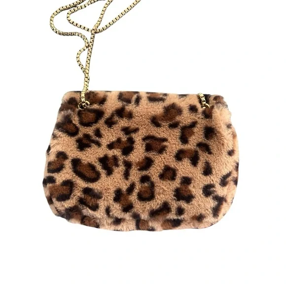 Faux Fur Leopard Print Bag Purse Gold Chain Link Strap Twist Lock Pocketbook - Picture 7 of 9